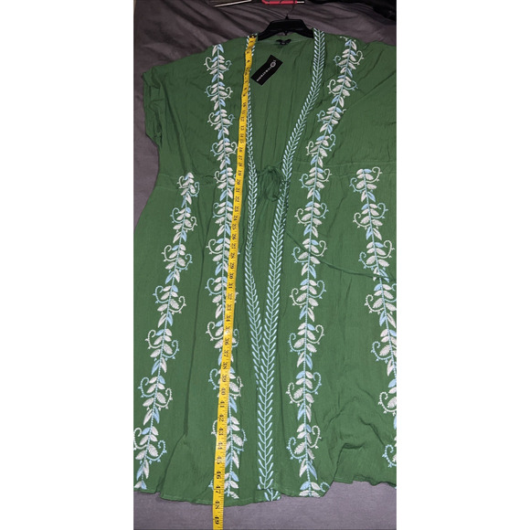 New Curations Top Size P2X Green Embroidered Tie Waist Kimono Caftan Duster NWT - Picture 5 of 9